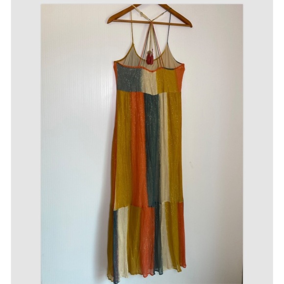 Lovestitch Colorful Halter Maxi Dress Rainbow Block Shimmery Lined Boho Glam Med - Picture 3 of 8